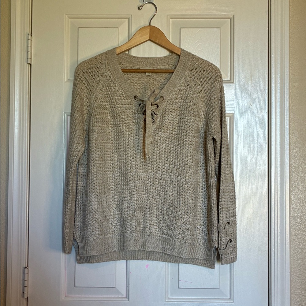 It's Our Time Taupe V-Neck Sweater with Lace-Up Detail